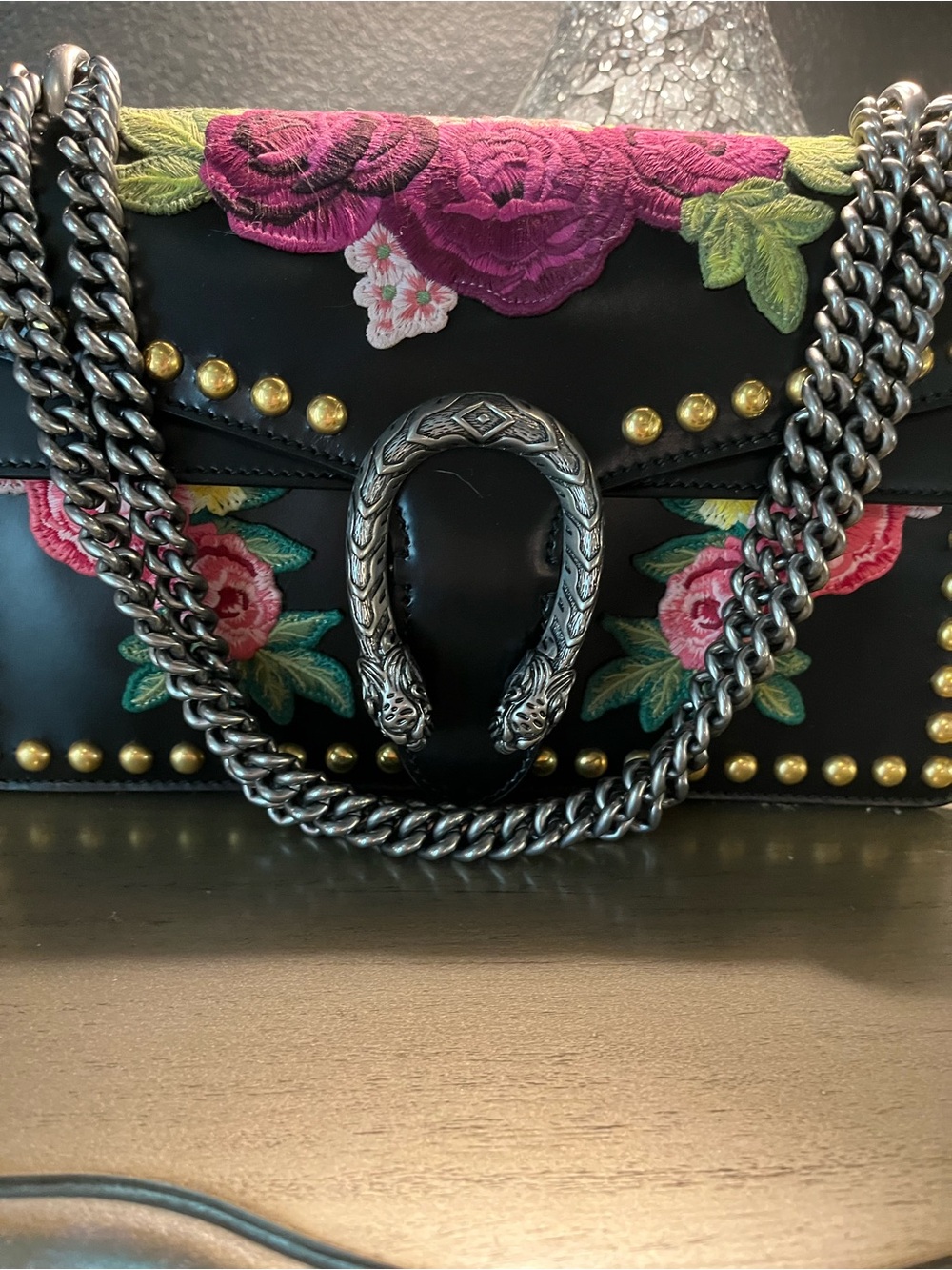 Black Embroidered Gucci Floral Chain Shoulder Bag